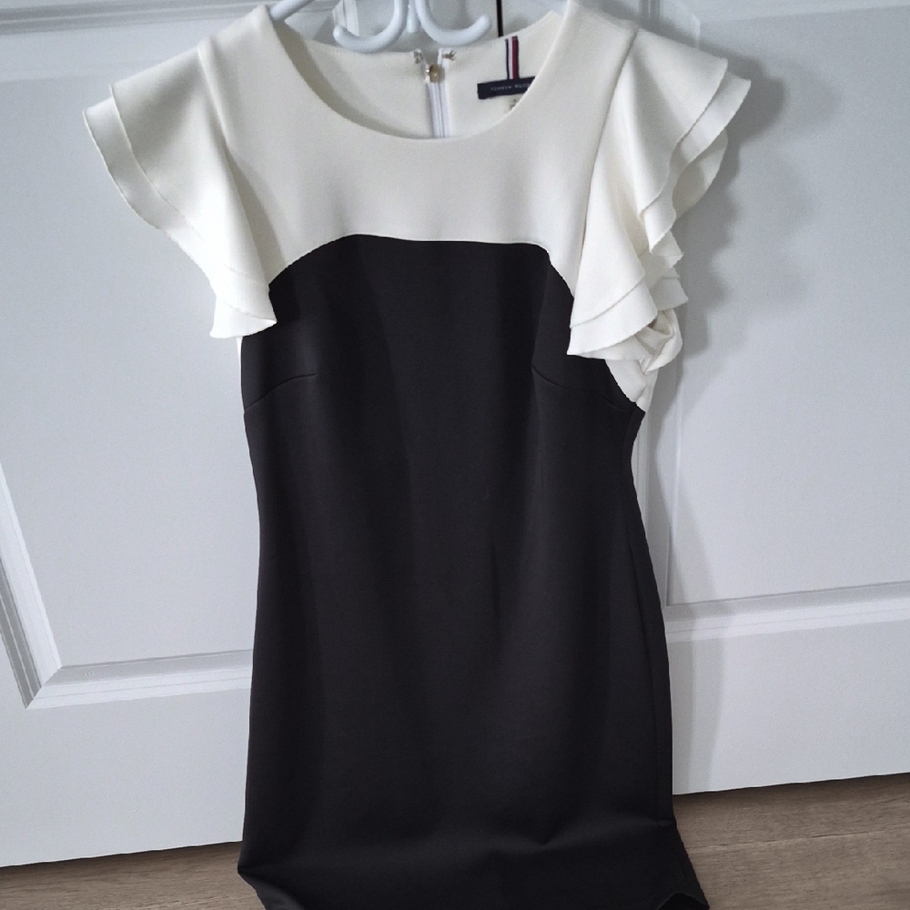 Tommy Hilfiger Black and White Ruffle Sleeve Mini Dress